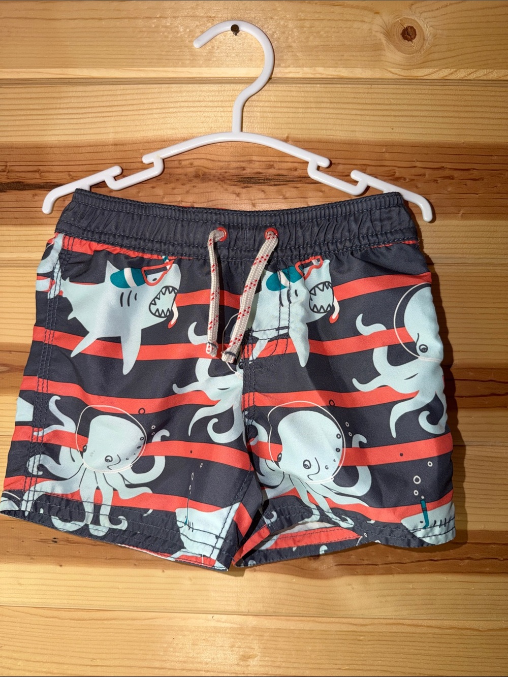 GAP Navy Swim Shorts with Light Blue Sea Creatures and Red Stripes